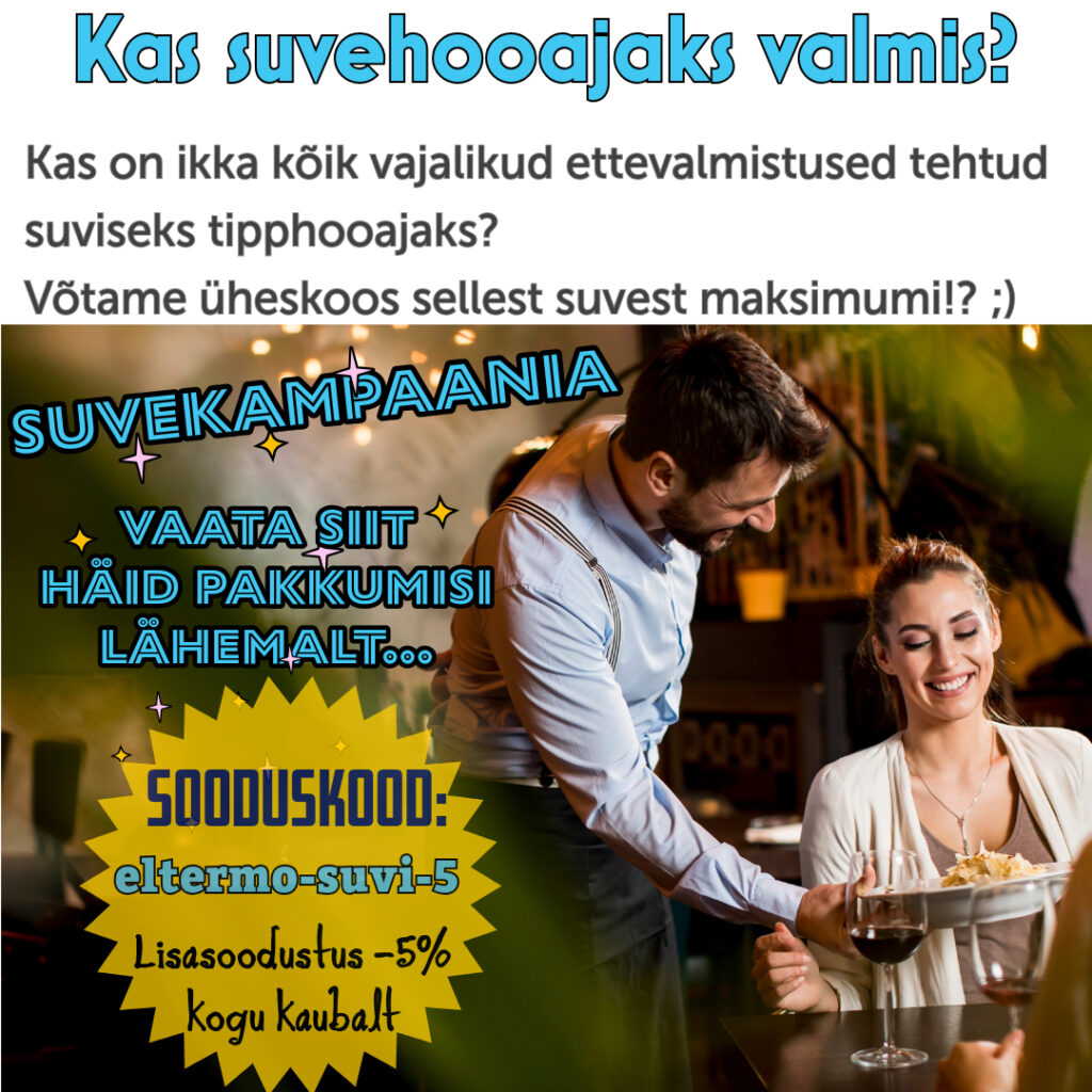 banner suvekampaania pakkumised suurköögi- ja baariseadmetele, rahulolev restorani klient ja kelner serveerimas toitu